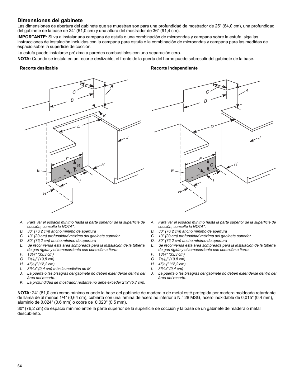 Dimensiones del gabinete | KITCHENAID 30 Inch Slide-In Induction Range Owners Guide User Manual | Page 64 / 89