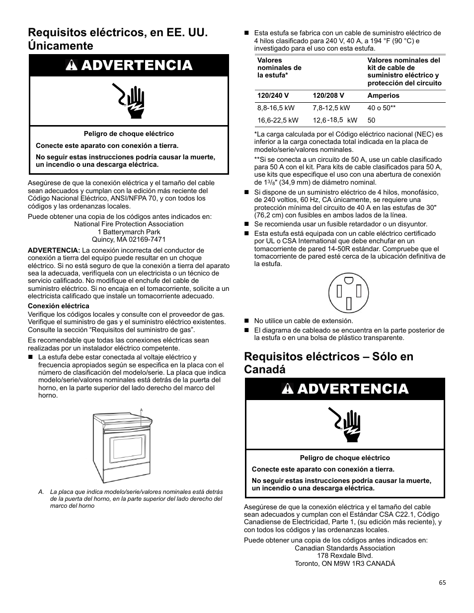 Requisitos eléctricos, en ee. uu. únicamente, Requisitos eléctricos – sólo en canadá, Advertencia | KITCHENAID 30 Inch Slide-In Induction Range Owners Guide User Manual | Page 65 / 89