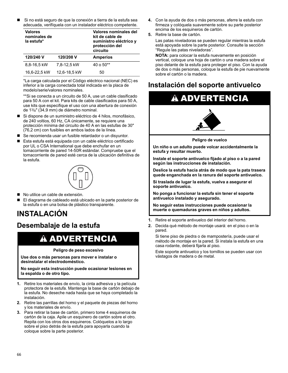 Instalación, Desembalaje de la estufa, Instalación del soporte antivuelco | Advertencia | KITCHENAID 30 Inch Slide-In Induction Range Owners Guide User Manual | Page 66 / 89