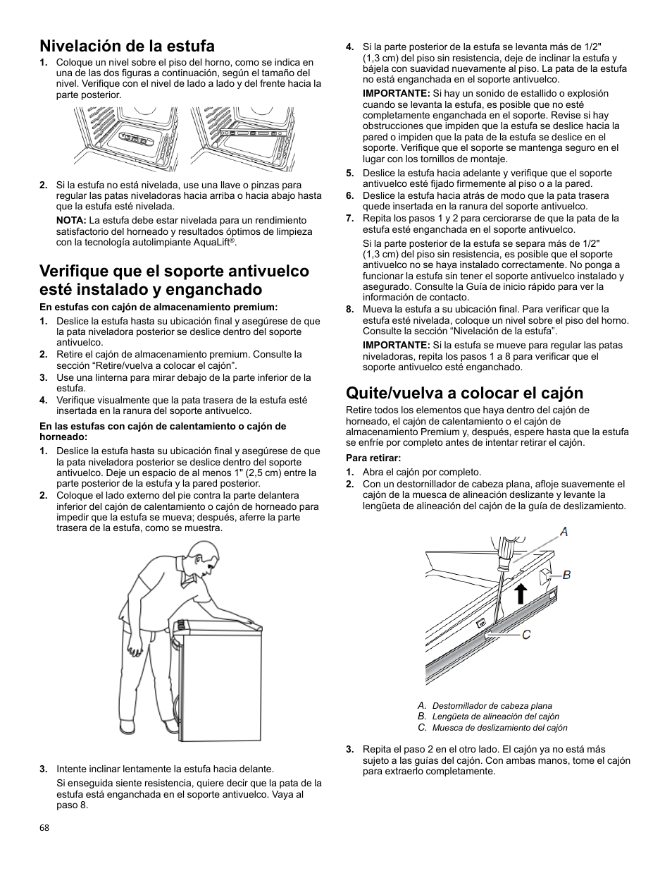 Nivelación de la estufa, Verify anti-tip_om_w11637353a, Remove/replace drawer_om_53a | Quite/vuelva a colocar el cajón | KITCHENAID 30 Inch Slide-In Induction Range Owners Guide User Manual | Page 68 / 89
