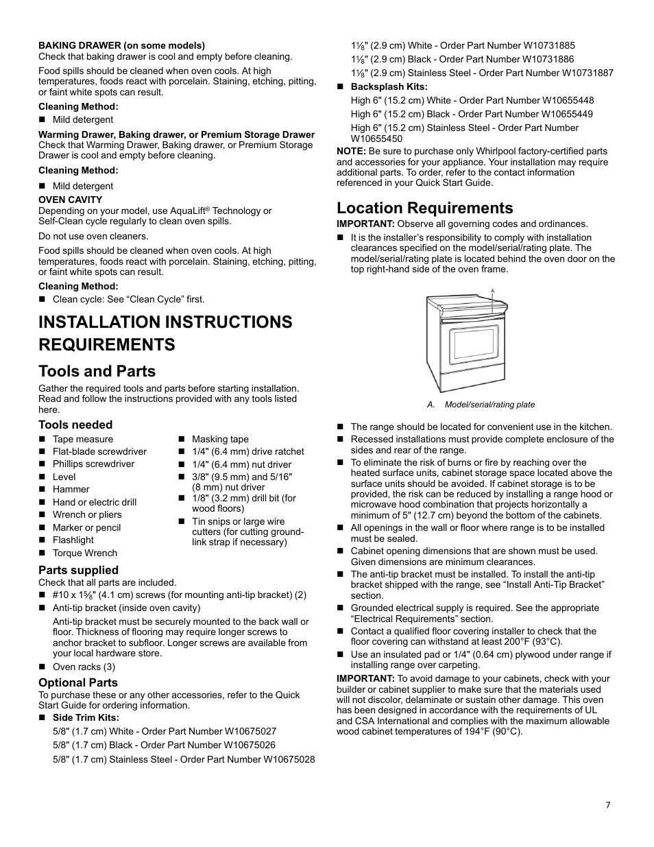 Installation instructions, Requirements, Tools and parts | Location requirements, Installation instructions requirements, Tools needed, Parts supplied, Optional parts | KITCHENAID 30 Inch Slide-In Induction Range Owners Guide User Manual | Page 7 / 89