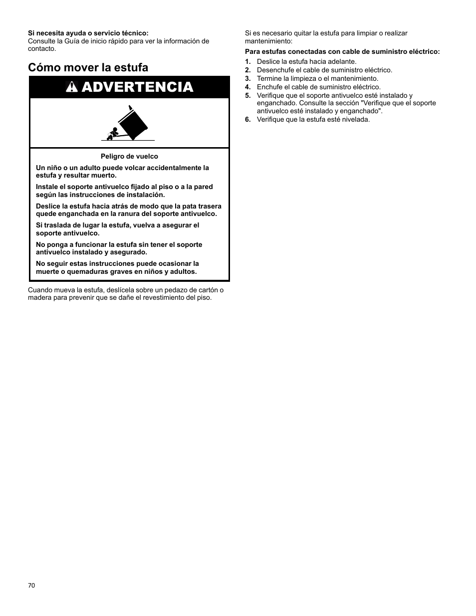 Cómo mover la estufa, Advertencia | KITCHENAID 30 Inch Slide-In Induction Range Owners Guide User Manual | Page 70 / 89