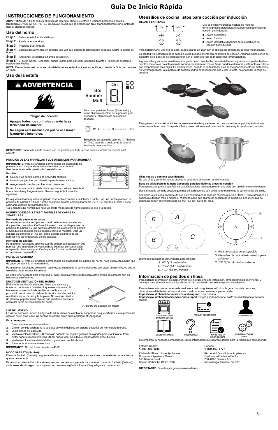 Advertencia, Cb b a, Guía de inicio rápida | Instrucciones de funcionamiento, Uso del horno, Uso de la estufa, Información de pedidos en línea | KITCHENAID 30 Inch Slide-In Induction Range Owners Guide User Manual | Page 71 / 89