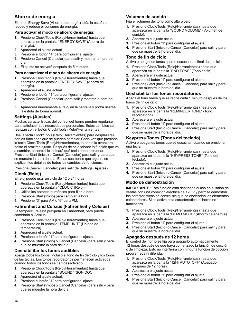 Ahorro de energía, Settings (ajustes), Clock (reloj) | Fahrenheit and celsius (fahrenheit y celsius), Deshabilitar los tonos audibles, Volumen de sonido, Tono de fin de ciclo, Deshabilitar los tonos recordatorios, Keypress tones (tonos del teclado), Modo de demostración | KITCHENAID 30 Inch Slide-In Induction Range Owners Guide User Manual | Page 76 / 89