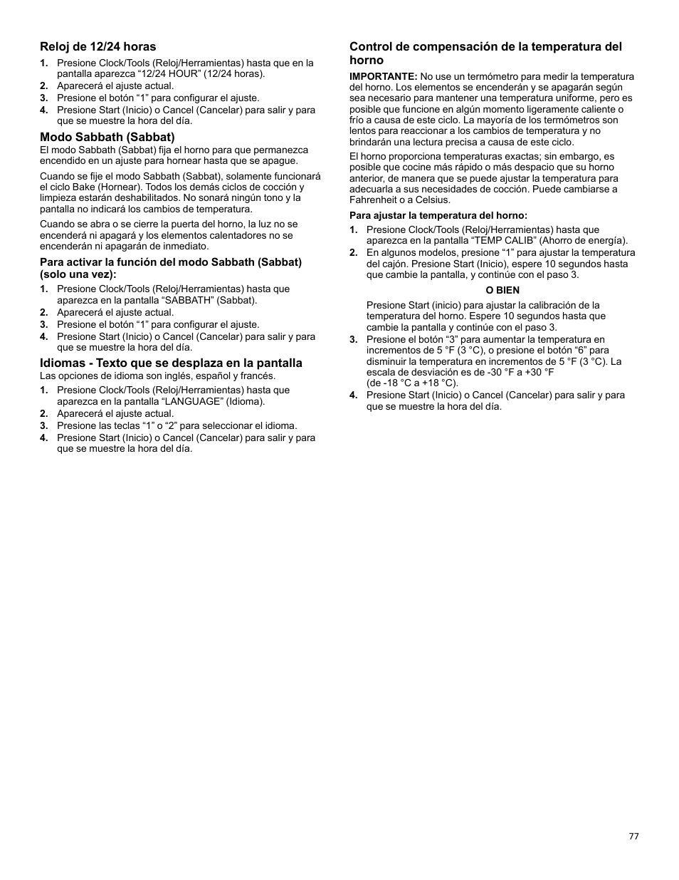 Reloj de 12/24 horas, Modo sabbath (sabbat), Idiomas - texto que se desplaza en la pantalla | KITCHENAID 30 Inch Slide-In Induction Range Owners Guide User Manual | Page 77 / 89