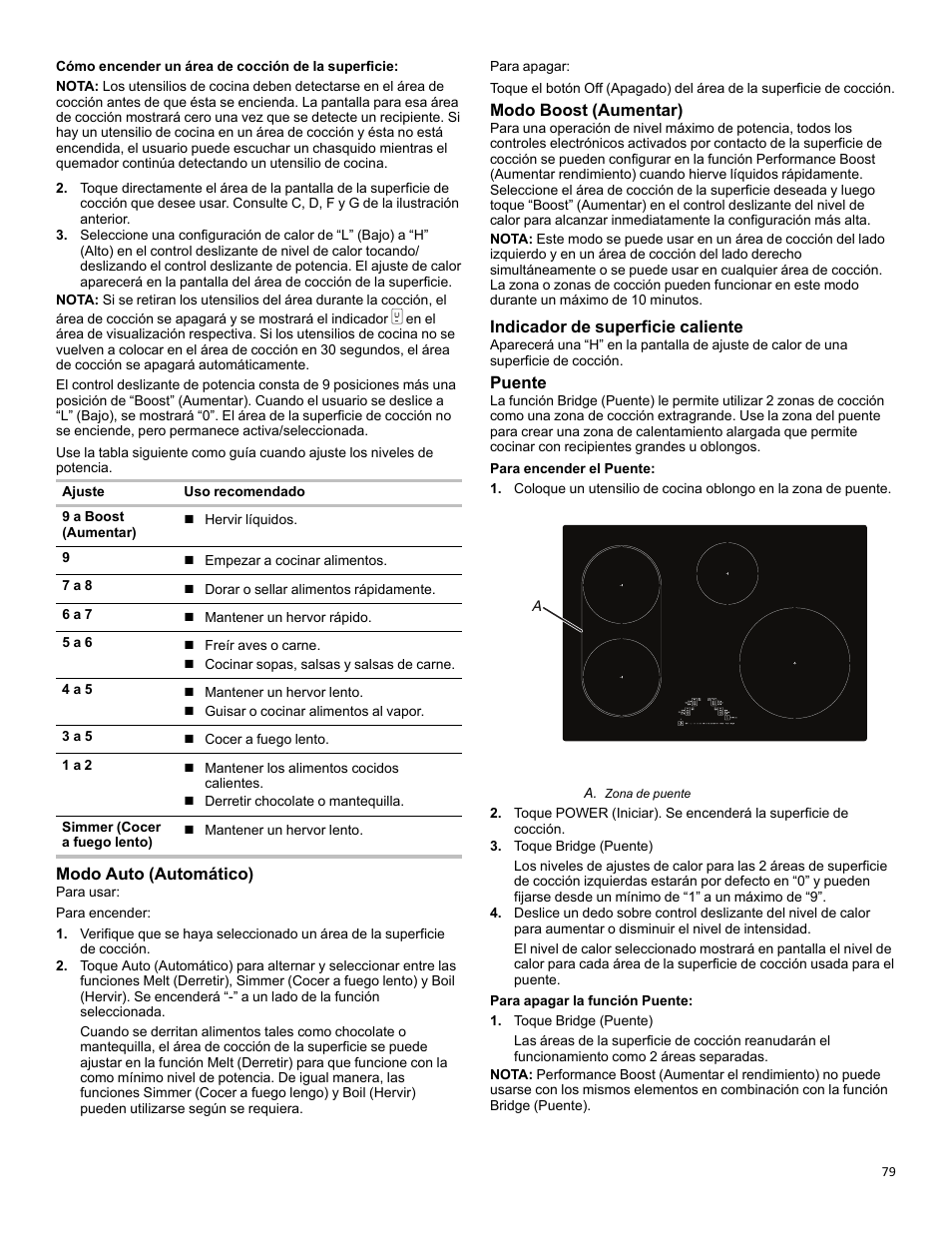 Modo auto (automático), Modo boost (aumentar), Indicador de superficie caliente | Puente | KITCHENAID 30 Inch Slide-In Induction Range Owners Guide User Manual | Page 79 / 89