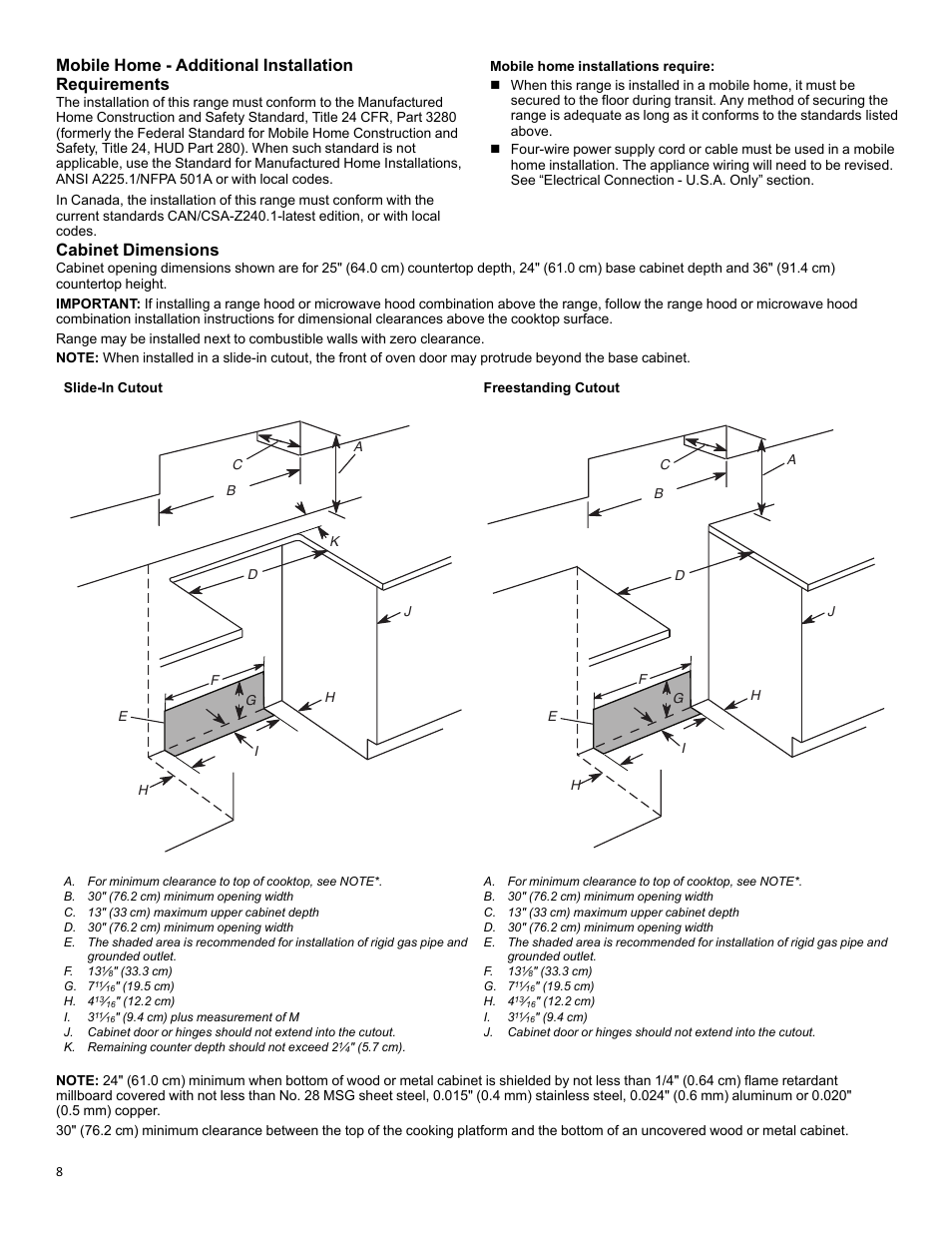 Mobile home - additional installation requirements, Cabinet dimensions | KITCHENAID 30 Inch Slide-In Induction Range Owners Guide User Manual | Page 8 / 89