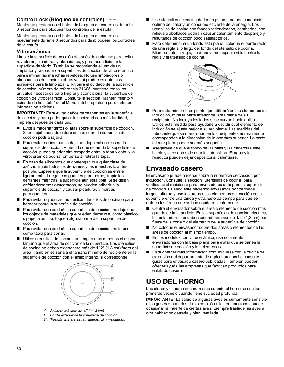 Home canning_ifsr_cg, Oven use_ranges/ovens_cg, Envasado casero | Uso del horno, Control lock (bloqueo de controles), Vitrocerámica | KITCHENAID 30 Inch Slide-In Induction Range Owners Guide User Manual | Page 80 / 89