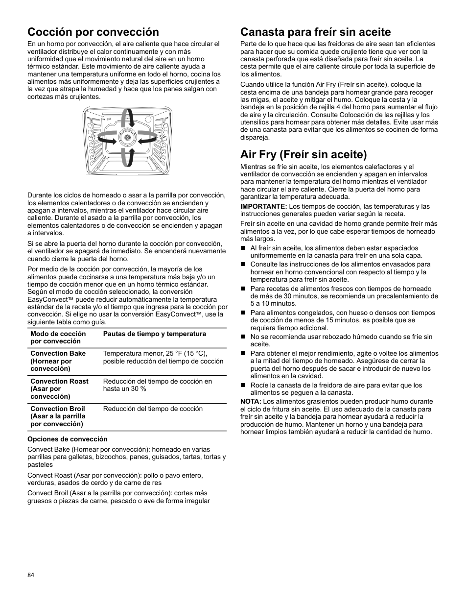 Convention cooking_w11281994, Air fry basket_w11637359a, Air fry_w11637359a | Cocción por convección, Canasta para freír sin aceite, Air fry (freír sin aceite) | KITCHENAID 30 Inch Slide-In Induction Range Owners Guide User Manual | Page 84 / 89