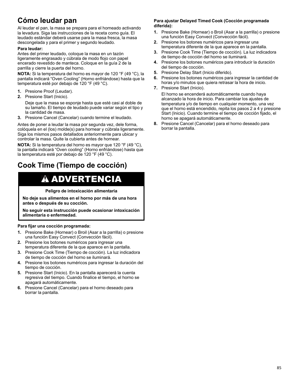 Proofing bread_w11281994, Cook time_w11637359a, Advertencia | Cómo leudar pan, Cook time (tiempo de cocción) | KITCHENAID 30 Inch Slide-In Induction Range Owners Guide User Manual | Page 85 / 89