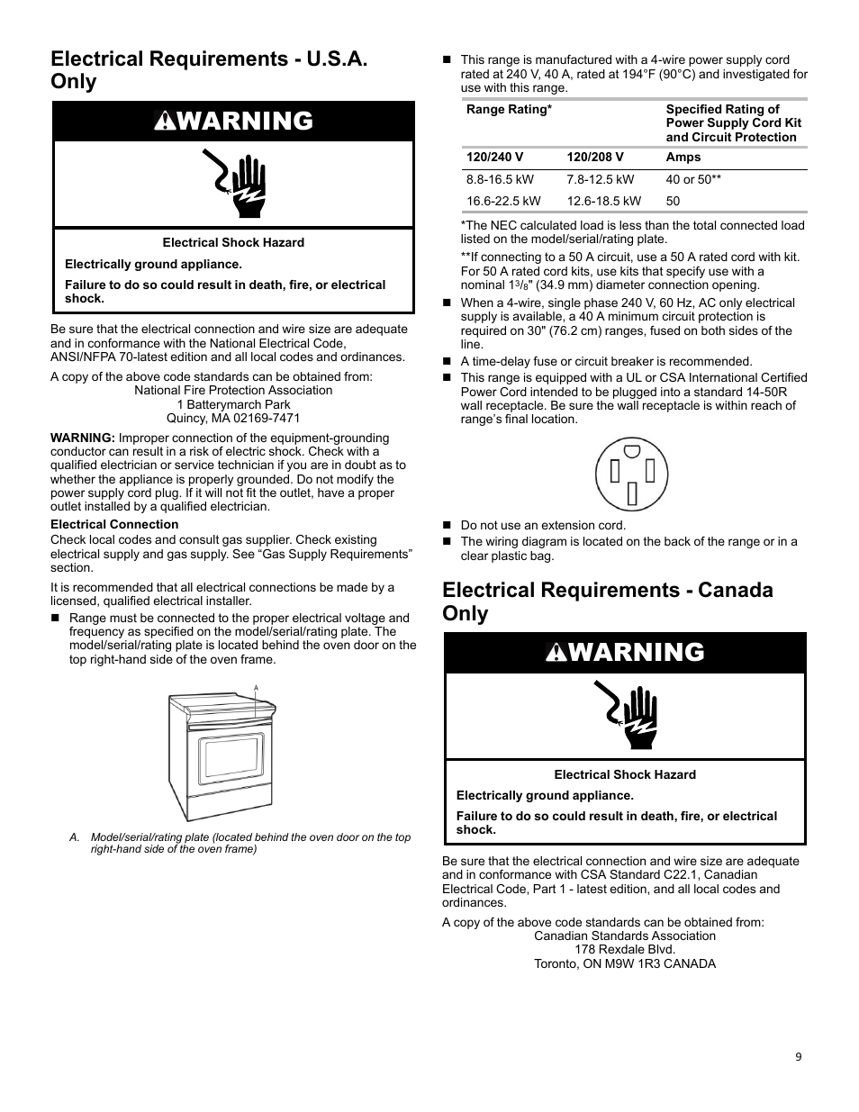 Electrical requirements - u.s.a. only, Electrical requirements - canada only, Warning | KITCHENAID 30 Inch Slide-In Induction Range Owners Guide User Manual | Page 9 / 89