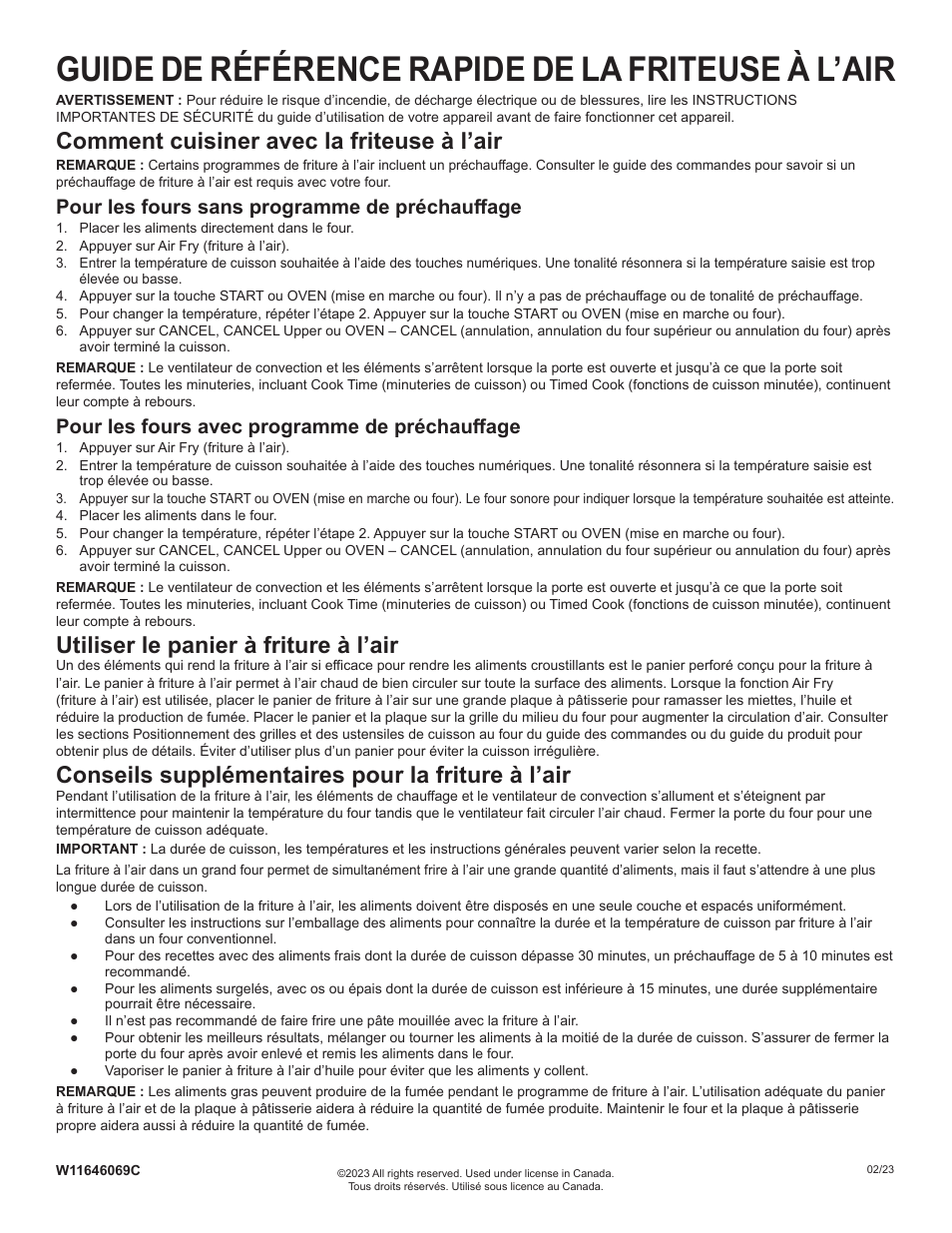 Guide de référence rapide de la friteuse à l’air, Comment cuisiner avec la friteuse à l’air, Utiliser le panier à friture à l’air | Conseils supplémentaires pour la friture à l’air, Pour les fours sans programme de préchauffage, Pour les fours avec programme de préchauffage | KITCHENAID 30 Inch Slide-In Induction Range Air Fry Quick Reference Guide User Manual | Page 2 / 2