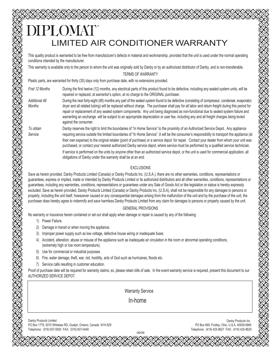 Limited air conditioner warranty, In-home | Danby DAC7037M User Manual | Page 11 / 12