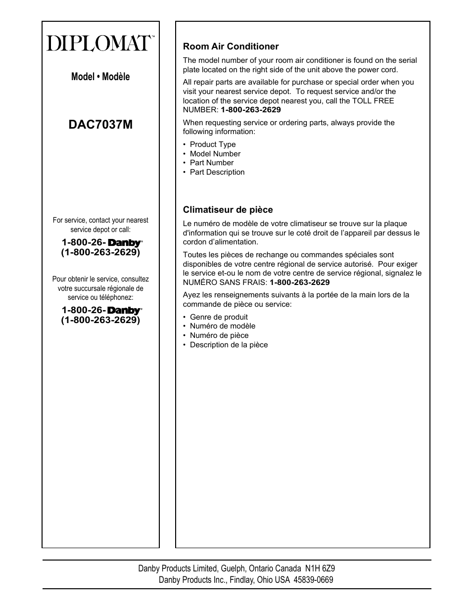Dac7037m, Model • modèle | Danby DAC7037M User Manual | Page 12 / 12