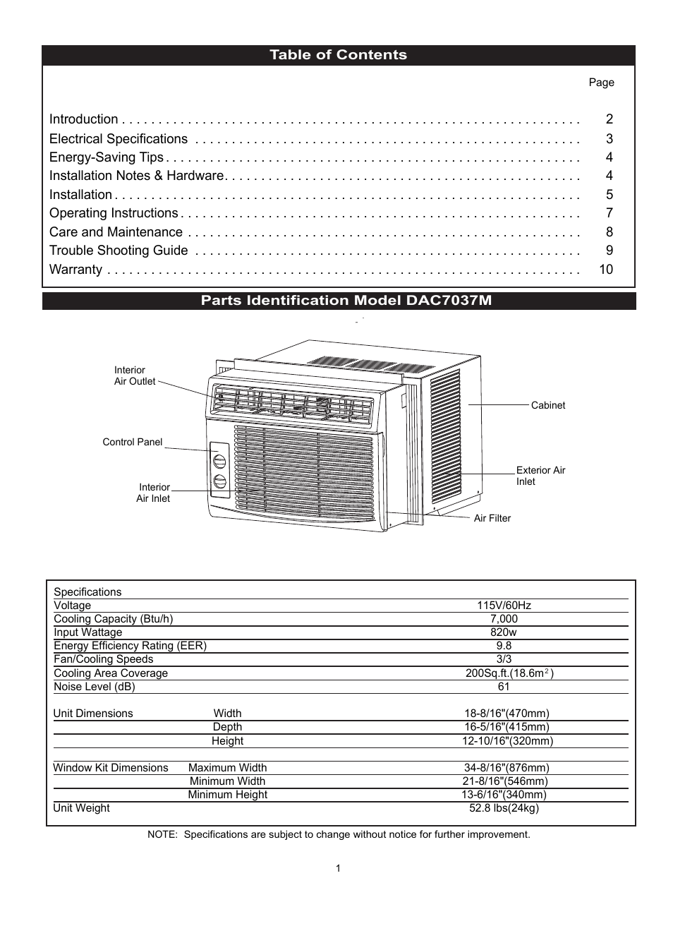 Danby DAC7037M User Manual | Page 2 / 12