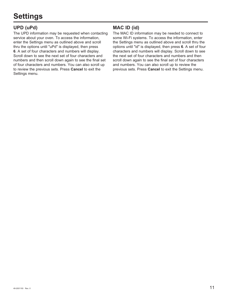 Settings, Upd (upd), Mac id (id) | GE 600 Series 30 Inch Slide-In Gas Smart Range Owners Guide User Manual | Page 11 / 72