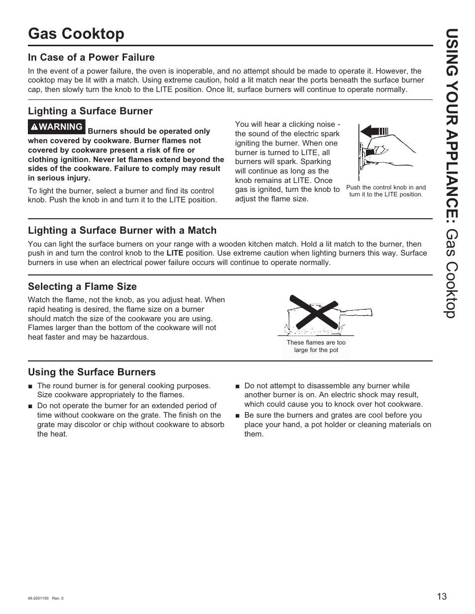 Using your appliance: gas cooktop gas cooktop | GE 600 Series 30 Inch Slide-In Gas Smart Range Owners Guide User Manual | Page 13 / 72
