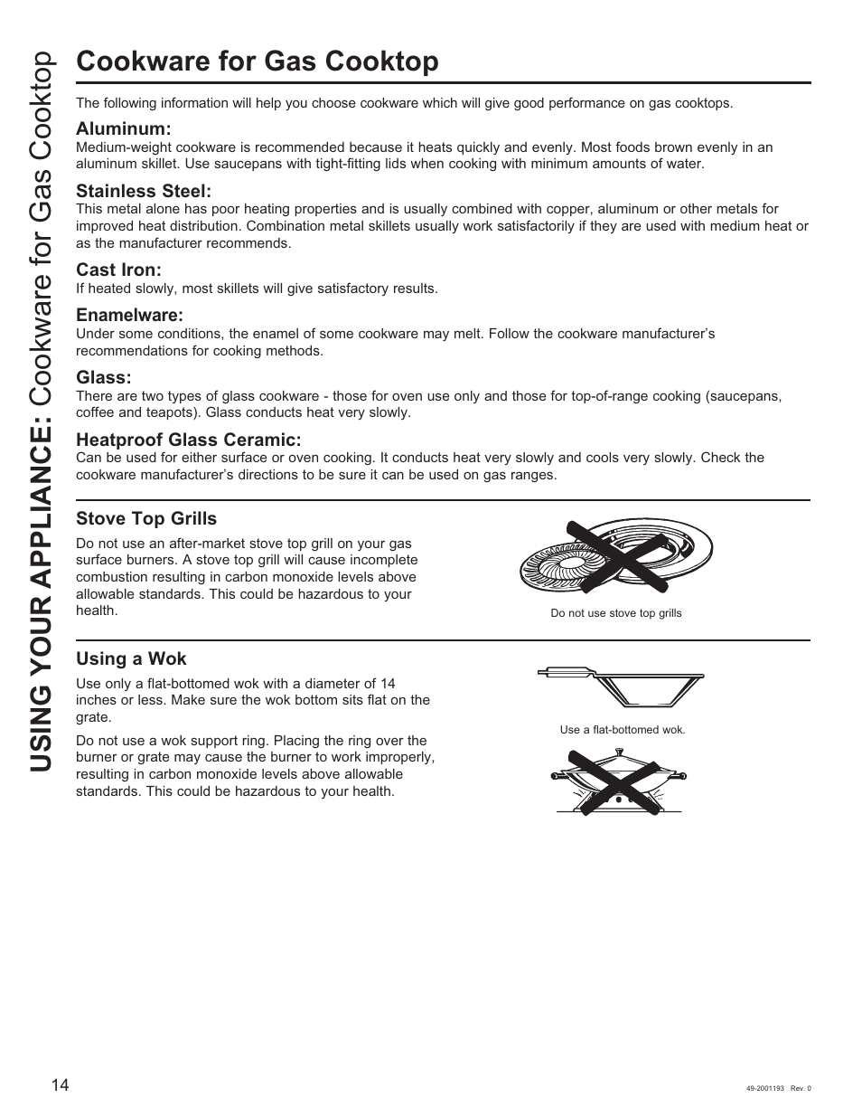 Cookware for gas cooktop, Using your appliance | GE 600 Series 30 Inch Slide-In Gas Smart Range Owners Guide User Manual | Page 14 / 72
