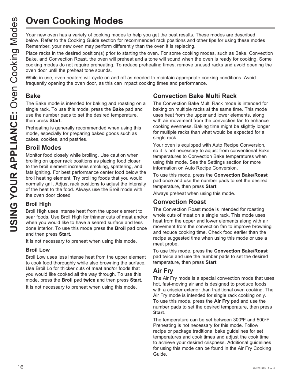 Oven cooking modes, Using your appliance: oven cooking modes, Bake | Broil modes, Convection bake multi rack, Convection roast, Air fry | GE 600 Series 30 Inch Slide-In Gas Smart Range Owners Guide User Manual | Page 16 / 72