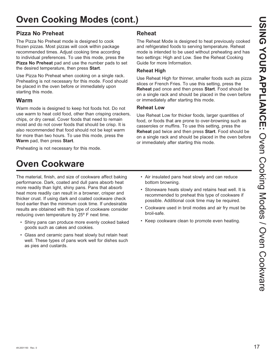 Oven cooking modes (cont.) | GE 600 Series 30 Inch Slide-In Gas Smart Range Owners Guide User Manual | Page 17 / 72