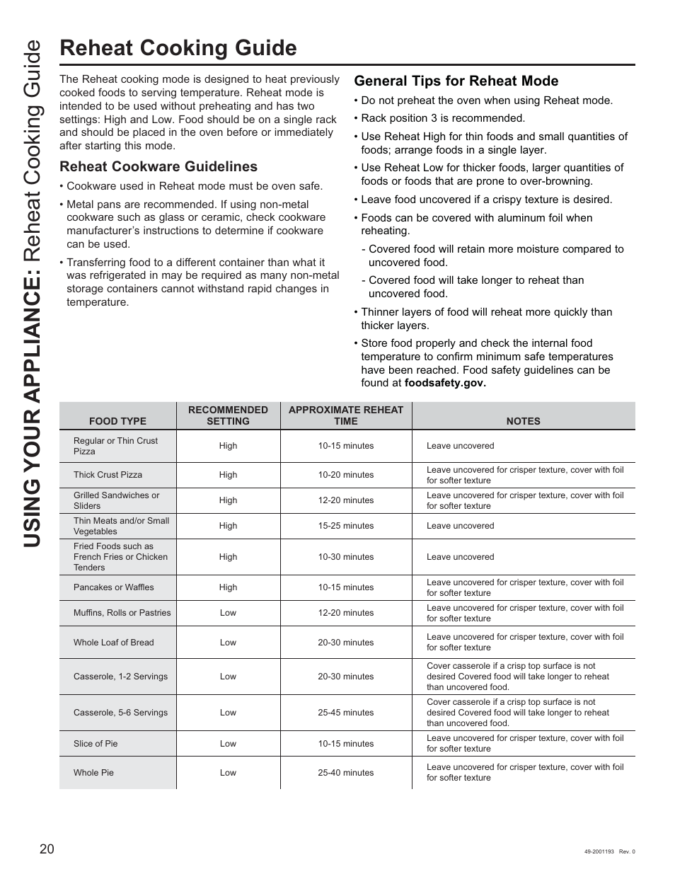 Reheat cookware guidelines, General tips for reheat mode | GE 600 Series 30 Inch Slide-In Gas Smart Range Owners Guide User Manual | Page 20 / 72