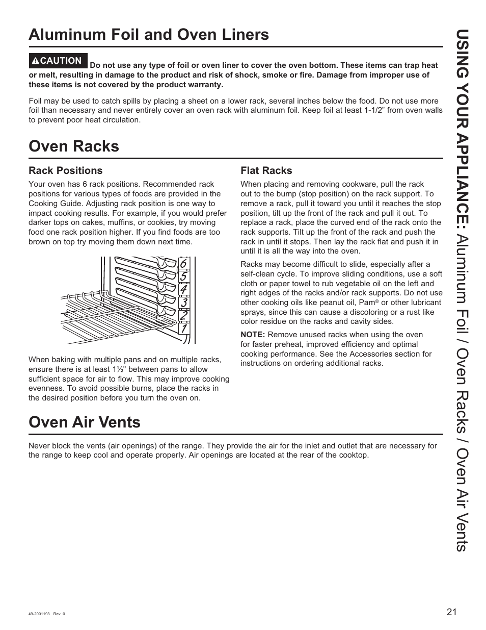 Oven racks oven air vents, Aluminum foil and oven liners | GE 600 Series 30 Inch Slide-In Gas Smart Range Owners Guide User Manual | Page 21 / 72