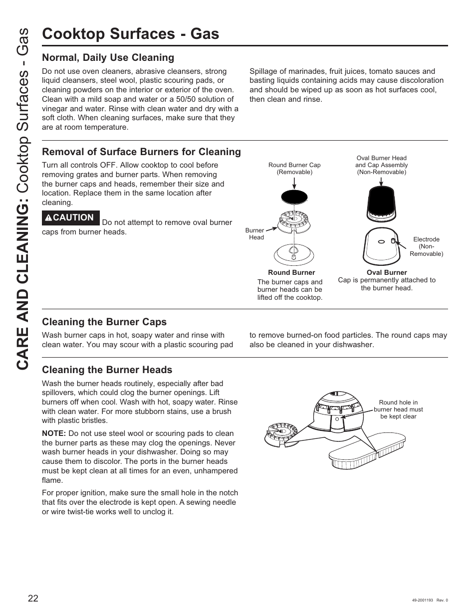Cooktop surfaces - gas, Care and cleaning: cooktop surfaces - gas, Normal, daily use cleaning | Removal of surface burners for cleaning, Cleaning the burner heads, Cleaning the burner caps | GE 600 Series 30 Inch Slide-In Gas Smart Range Owners Guide User Manual | Page 22 / 72