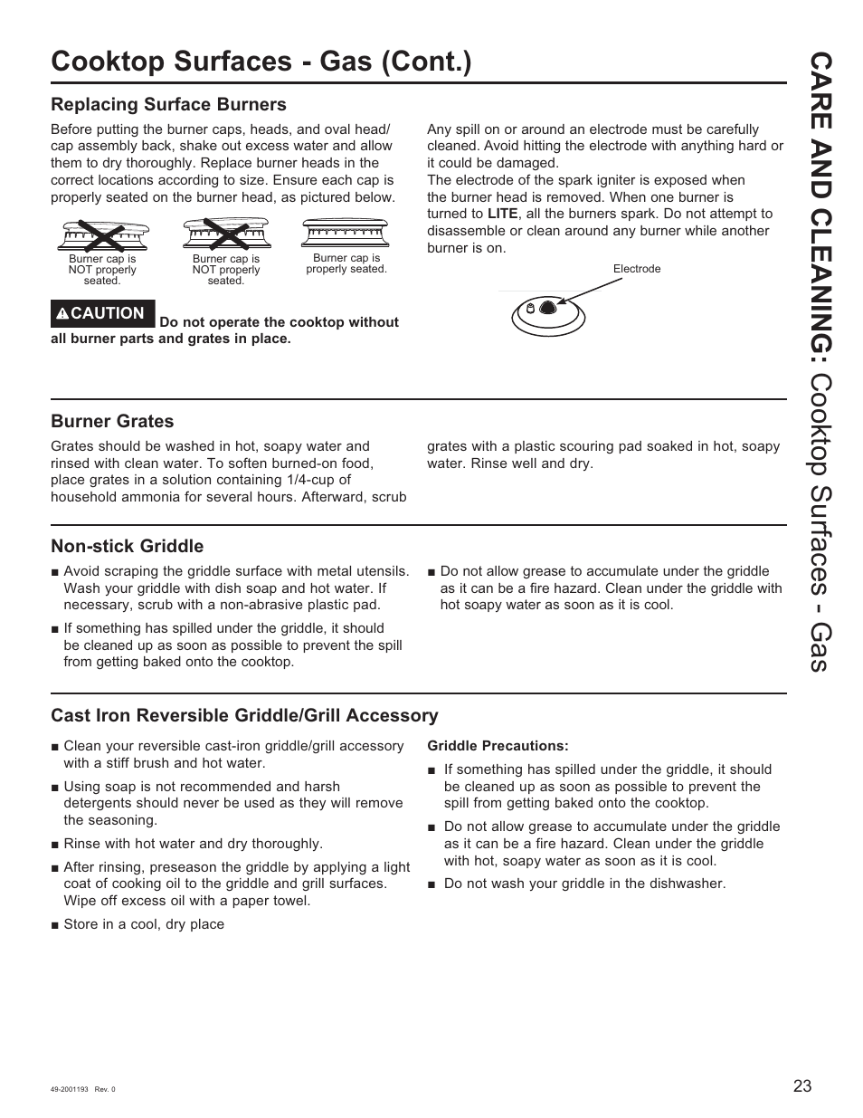 Replacing surface burners, Burner grates, Non-stick griddle | Cast iron reversible griddle/grill accessory | GE 600 Series 30 Inch Slide-In Gas Smart Range Owners Guide User Manual | Page 23 / 72