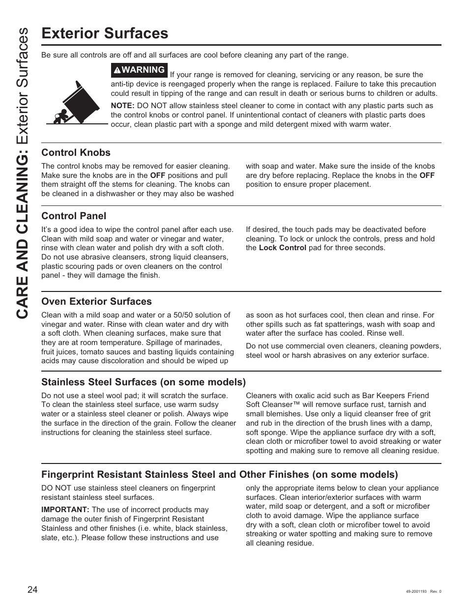Exterior surfaces, Care and cleaning: exterior surfaces | GE 600 Series 30 Inch Slide-In Gas Smart Range Owners Guide User Manual | Page 24 / 72