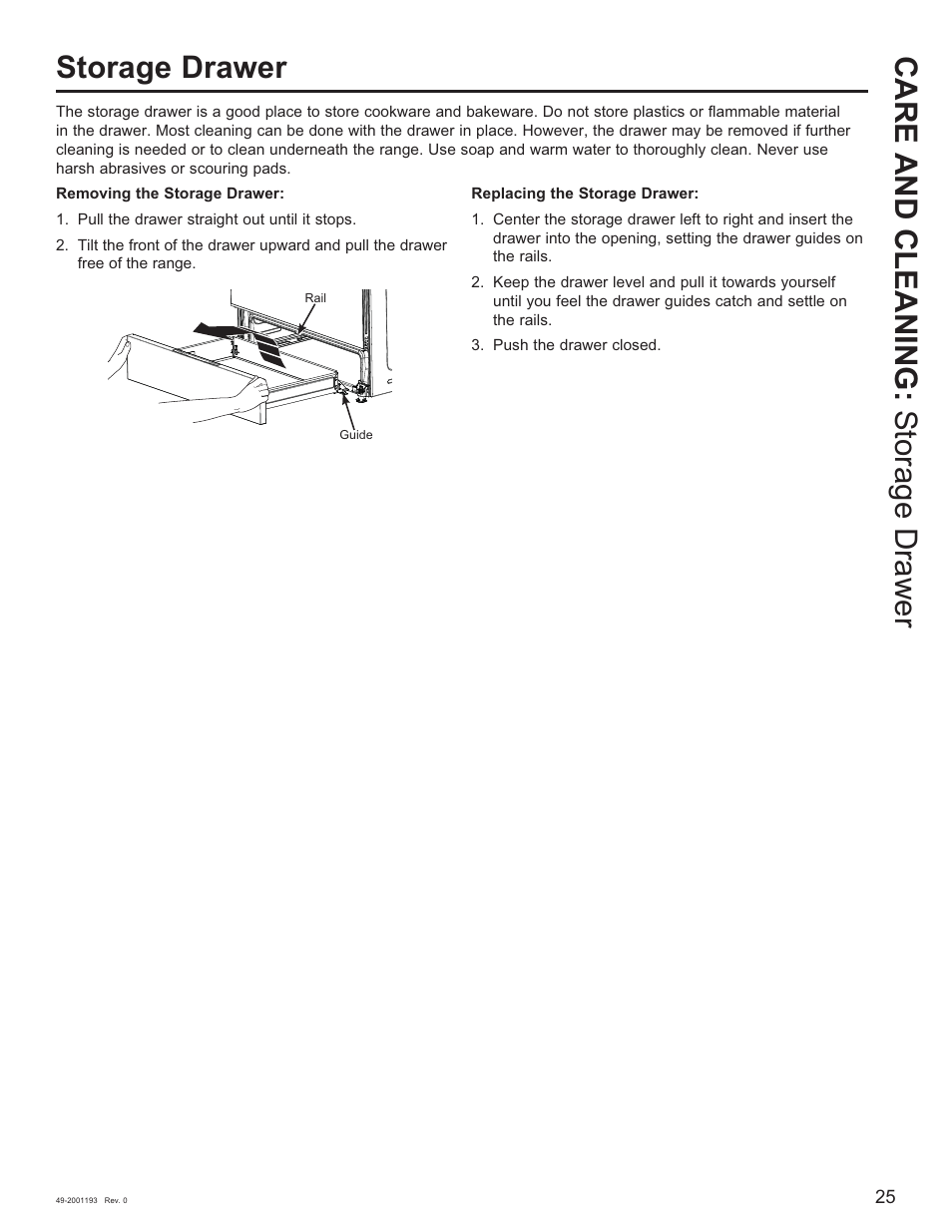 Care and cleaning: storage drawer storage drawer | GE 600 Series 30 Inch Slide-In Gas Smart Range Owners Guide User Manual | Page 25 / 72