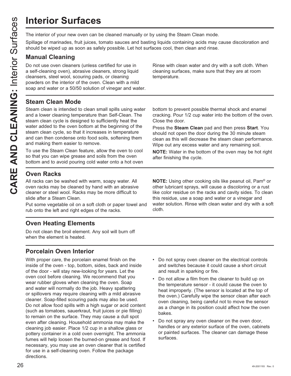 Interior surfaces, Care and cleaning: interior surfaces, Manual cleaning | Steam clean mode, Oven racks, Oven heating elements, Porcelain oven interior | GE 600 Series 30 Inch Slide-In Gas Smart Range Owners Guide User Manual | Page 26 / 72