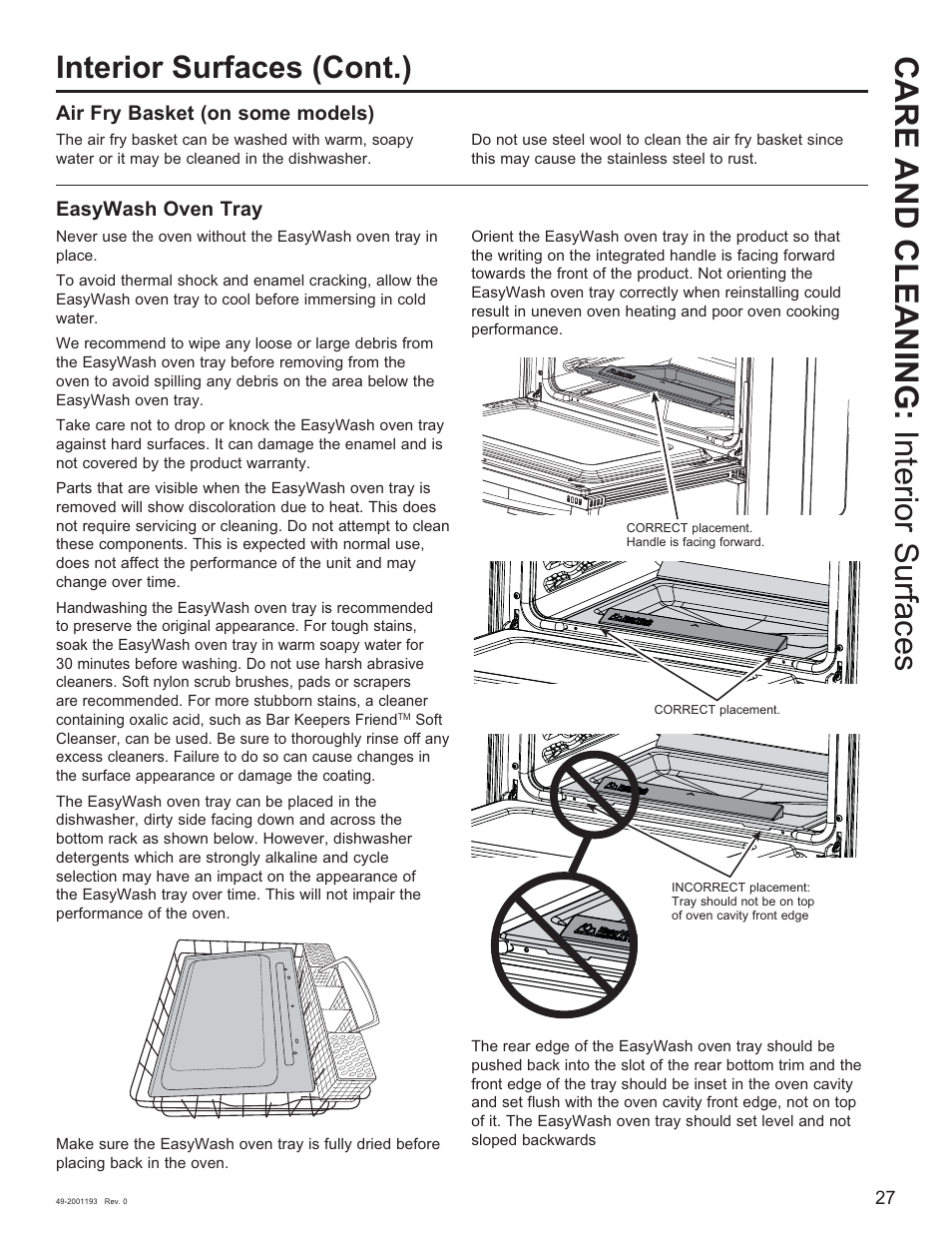 Care and cleaning: interior surfaces, Interior surfaces (cont.), Air fry basket (on some models) | Easywash oven tray | GE 600 Series 30 Inch Slide-In Gas Smart Range Owners Guide User Manual | Page 27 / 72