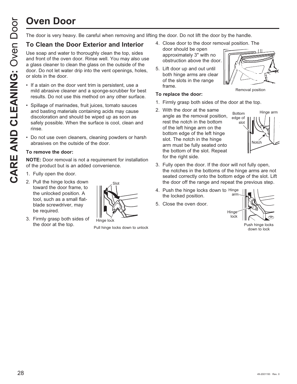 Care and cleaning: oven door, Oven door | GE 600 Series 30 Inch Slide-In Gas Smart Range Owners Guide User Manual | Page 28 / 72