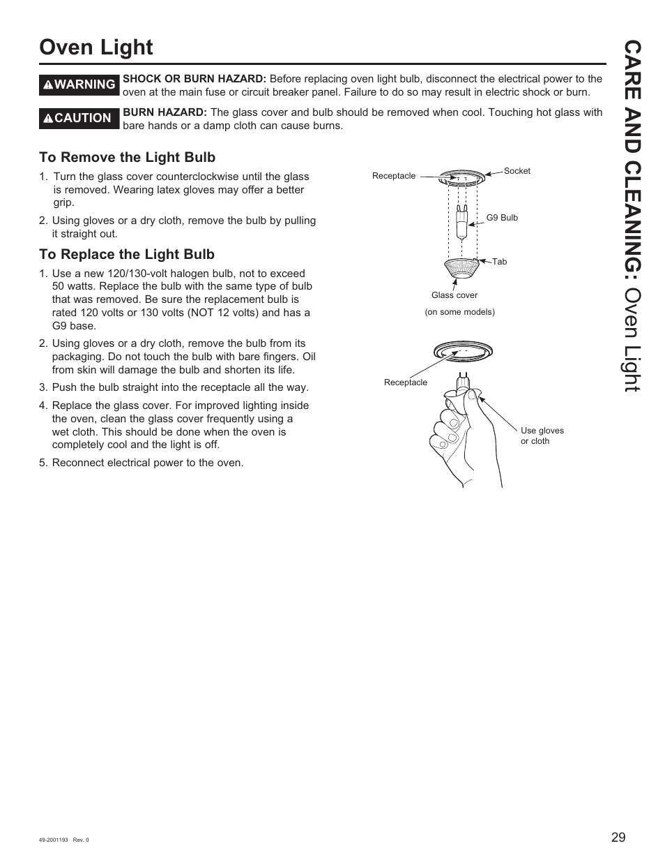 Care and cleaning: oven light oven light | GE 600 Series 30 Inch Slide-In Gas Smart Range Owners Guide User Manual | Page 29 / 72