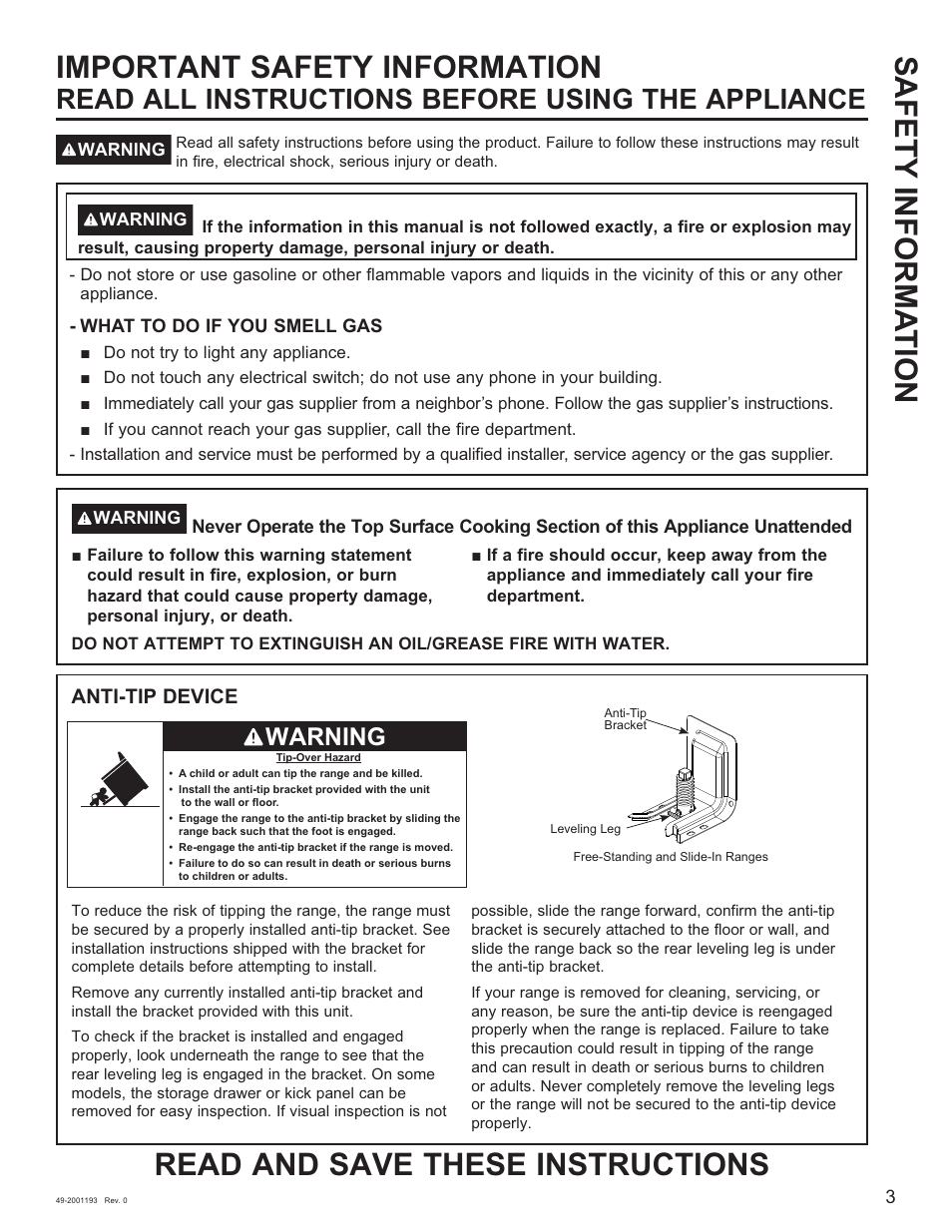 Safety informa tion, Read all instructions before using the appliance, Warning | GE 600 Series 30 Inch Slide-In Gas Smart Range Owners Guide User Manual | Page 3 / 72