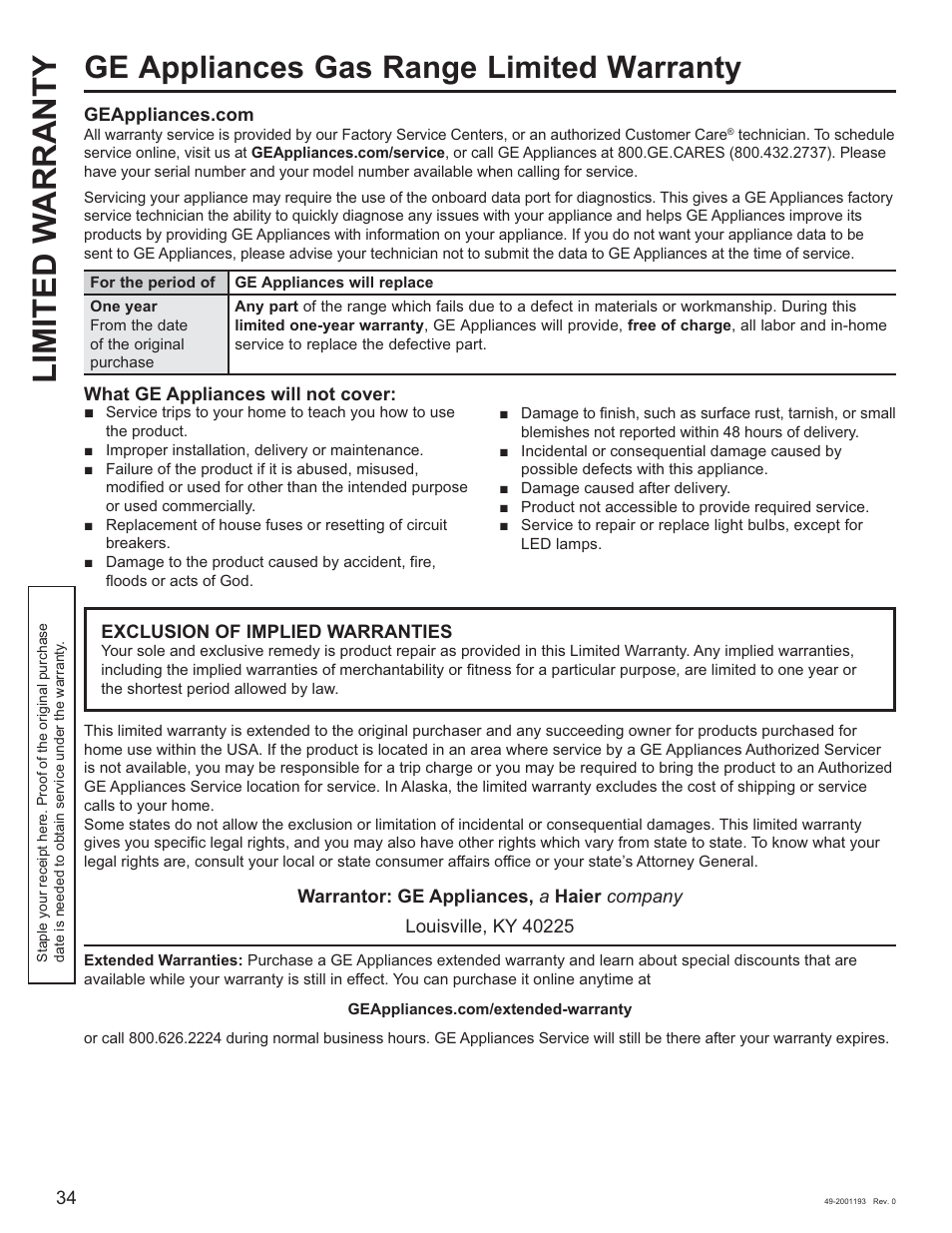 Limited w arranty, Ge appliances gas range limited warranty | GE 600 Series 30 Inch Slide-In Gas Smart Range Owners Guide User Manual | Page 34 / 72