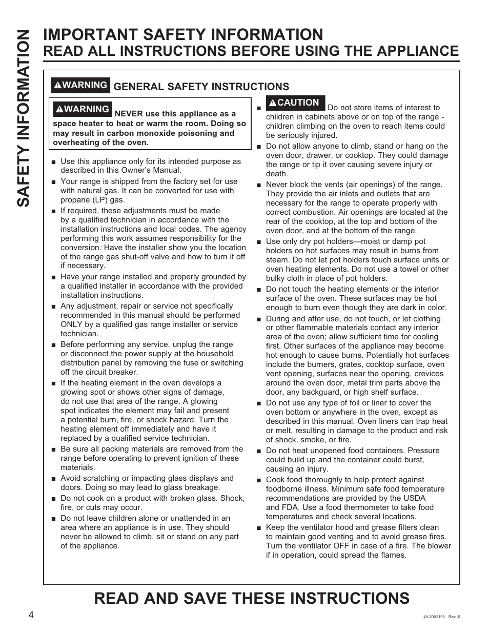 Read all instructions before using the appliance | GE 600 Series 30 Inch Slide-In Gas Smart Range Owners Guide User Manual | Page 4 / 72