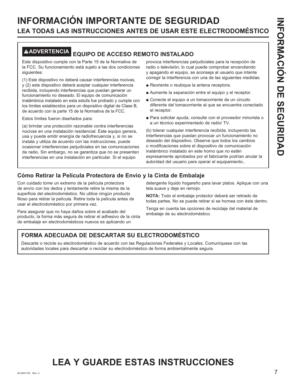 Información importante de seguridad | GE 600 Series 30 Inch Slide-In Gas Smart Range Owners Guide User Manual | Page 43 / 72