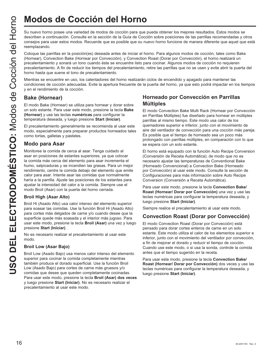 Modos de cocción del horno | GE 600 Series 30 Inch Slide-In Gas Smart Range Owners Guide User Manual | Page 52 / 72