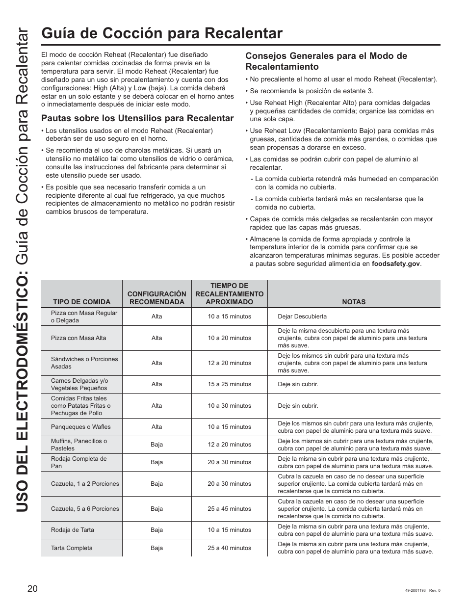 Guía de cocción para recalentar, Pautas sobre los utensilios para recalentar, Rqvhmrv*hqhudohvsdudho0rgrgh recalentamiento | GE 600 Series 30 Inch Slide-In Gas Smart Range Owners Guide User Manual | Page 56 / 72
