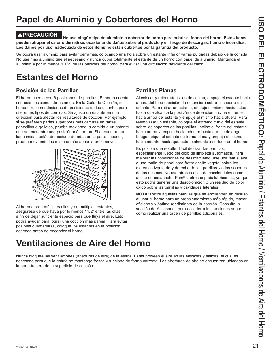 Estantes del horno, Papel de aluminio y cobertores del horno, Ventilaciones de aire del horno | Uso del electrodoméstico | GE 600 Series 30 Inch Slide-In Gas Smart Range Owners Guide User Manual | Page 57 / 72