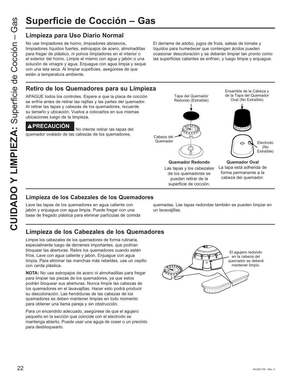Superficie de cocción – gas, Cuidado y limpieza, Limpieza para uso diario normal | Retiro de los quemadores para su limpieza, Limpieza de los cabezales de los quemadores | GE 600 Series 30 Inch Slide-In Gas Smart Range Owners Guide User Manual | Page 58 / 72