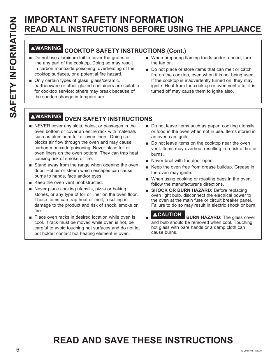 Read all instructions before using the appliance | GE 600 Series 30 Inch Slide-In Gas Smart Range Owners Guide User Manual | Page 6 / 72
