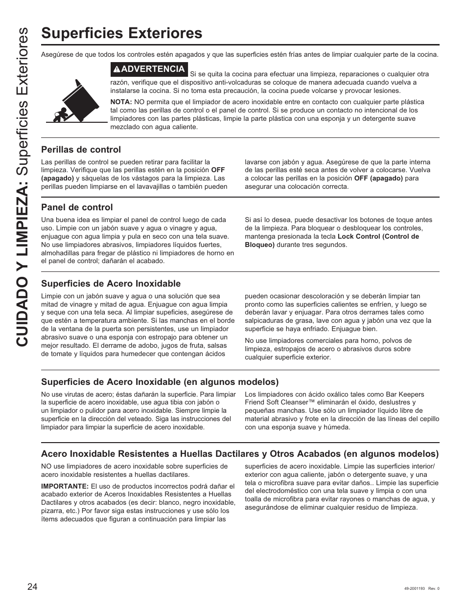 Superficies exteriores, Cuidado y limpieza: superficies exteriores | GE 600 Series 30 Inch Slide-In Gas Smart Range Owners Guide User Manual | Page 60 / 72