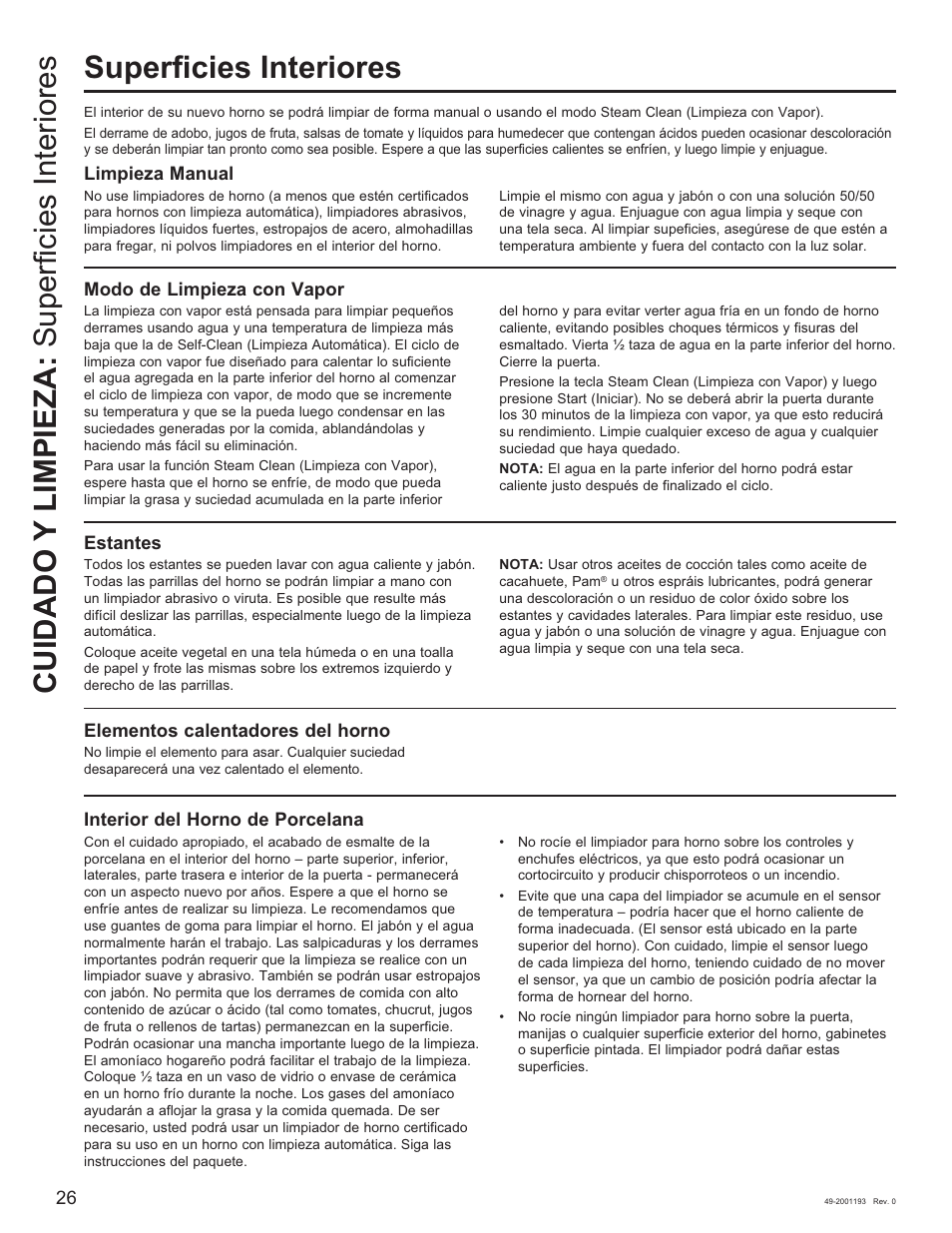 Superficies interiores, Cuidado y limpieza: superficies interiores | GE 600 Series 30 Inch Slide-In Gas Smart Range Owners Guide User Manual | Page 62 / 72