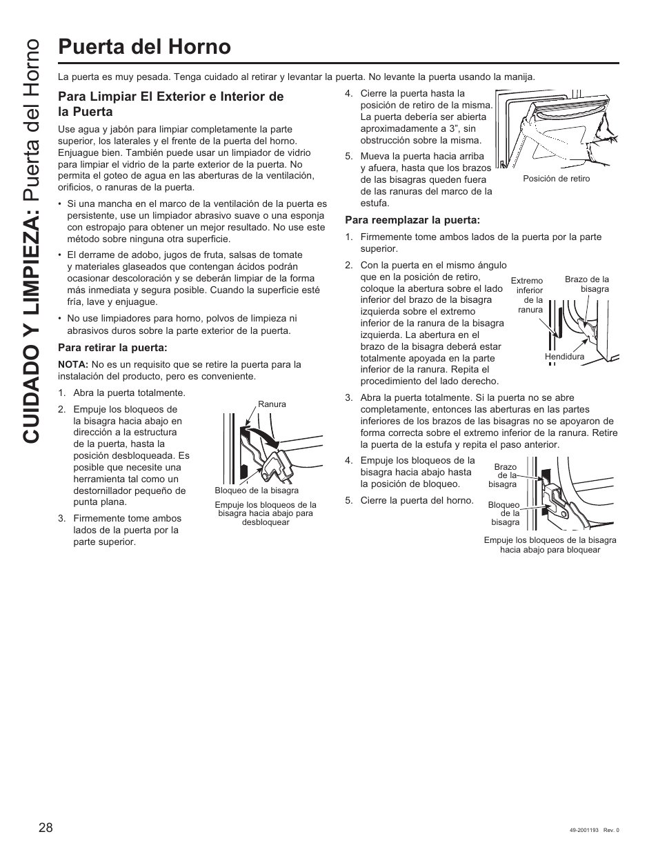 Puerta del horno, Cuidado y limpieza: puerta del horno, Para limpiar el exterior e interior de la puerta | GE 600 Series 30 Inch Slide-In Gas Smart Range Owners Guide User Manual | Page 64 / 72