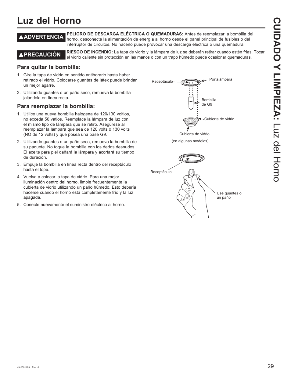 Cuidado y limpieza: luz del horno luz del horno | GE 600 Series 30 Inch Slide-In Gas Smart Range Owners Guide User Manual | Page 65 / 72