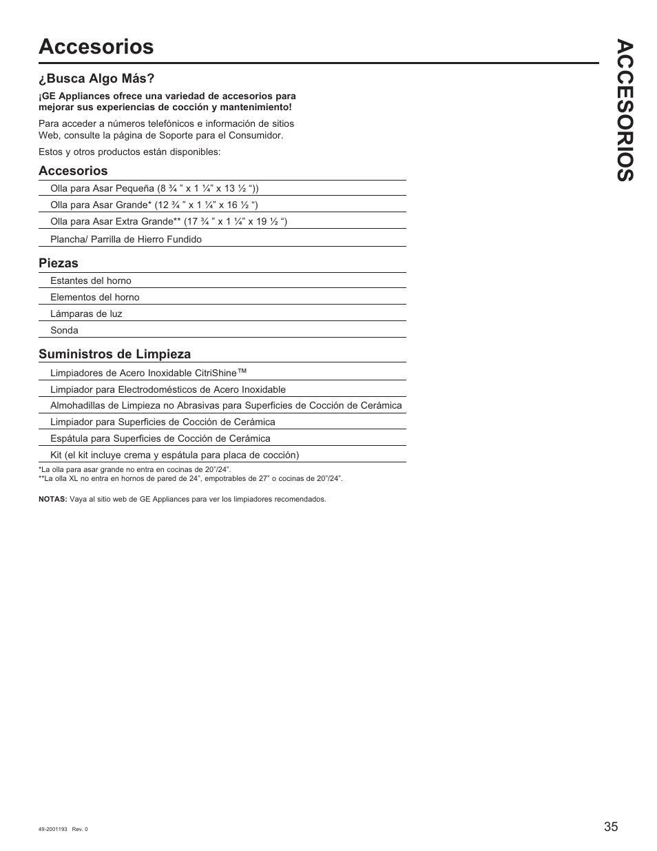 Accesorios | GE 600 Series 30 Inch Slide-In Gas Smart Range Owners Guide User Manual | Page 71 / 72
