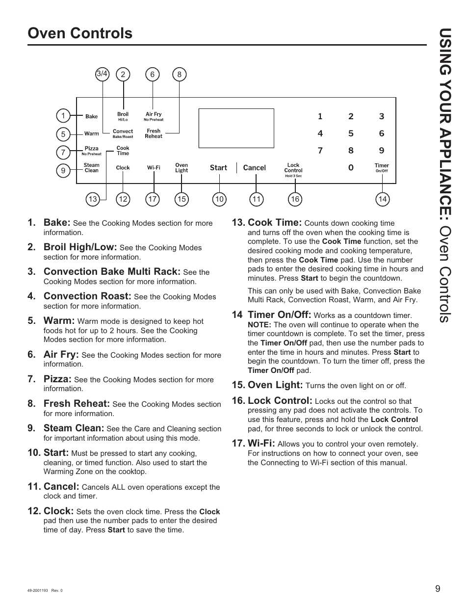 Oven controls using your appliance: oven controls, Bake, Broil high/low | Convection bake multi rack, Convection roast, Warm, Air fry, Pizza, Fresh reheat, Steam clean | GE 600 Series 30 Inch Slide-In Gas Smart Range Owners Guide User Manual | Page 9 / 72