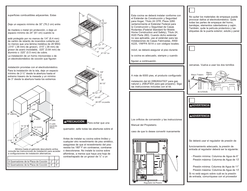 Dimensiones y espacios, Instalación en altitudes elevada, Casa rodante – requisitos de información adicional | Quite los materiales de envío, Adhiera el marco de relleno requerido, Suministro de gas | GE 600 Series 30 Inch Slide-In Gas Smart Range Installation Instructions User Manual | Page 6 / 8